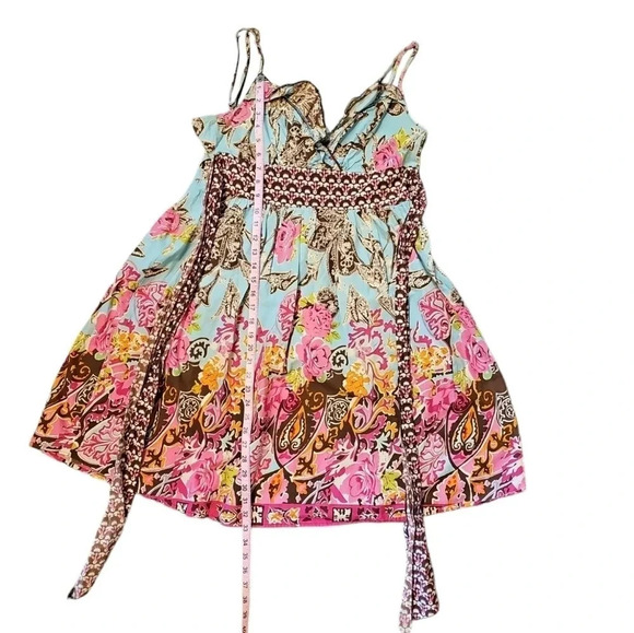 Fire Los Angeles Boho Floral Patchwork Midi Dress Cotton Belted Cottage Large - Picture 6 of 6